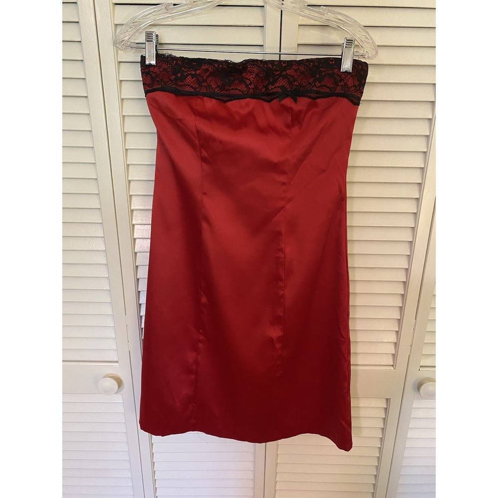 Vintage Orsay Red Satin & Black Lace Strapless Mini Dress Whimsigoth Y2K Goth 36